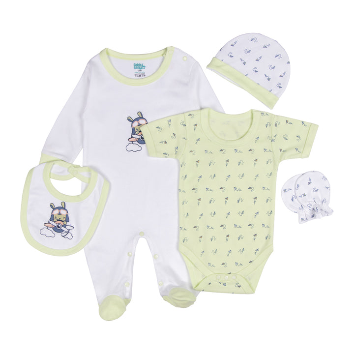 Best Printed Unisex 5 Piece Baby Set in Green | 100% Cotton | Soft & Versatile