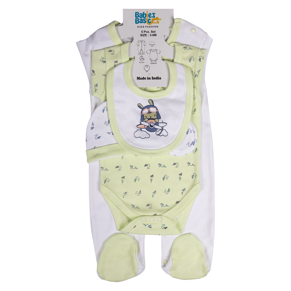 Best Printed Unisex 5 Piece Baby Set in Green | 100% Cotton | Soft & Versatile