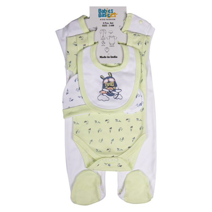 Best Printed Unisex 5 Piece Baby Set in Green | 100% Cotton | Soft & Versatile