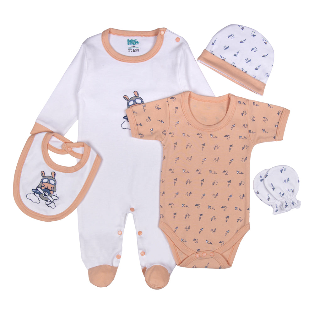 Best Printed Unisex 5 Piece Baby Set in Green | 100% Cotton | Soft & Versatile