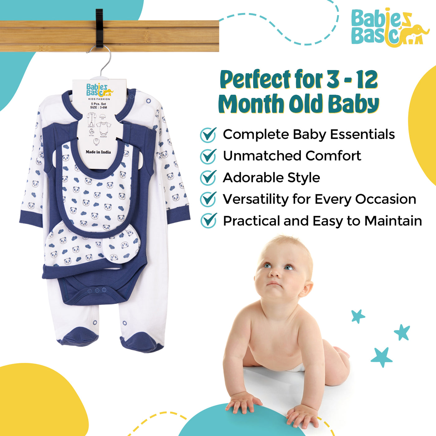 5pc Cotton Set - Bib, Romper, Mittens, Cap, Sleepsuit - Sleepy Panda - Air Force Blue