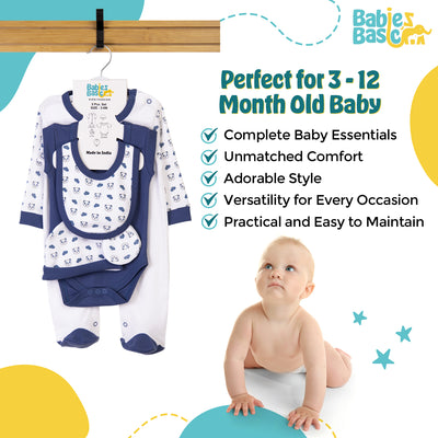 5pc Cotton Set - Bib, Romper, Mittens, Cap, Sleepsuit - Sleepy Panda - Air Force Blue