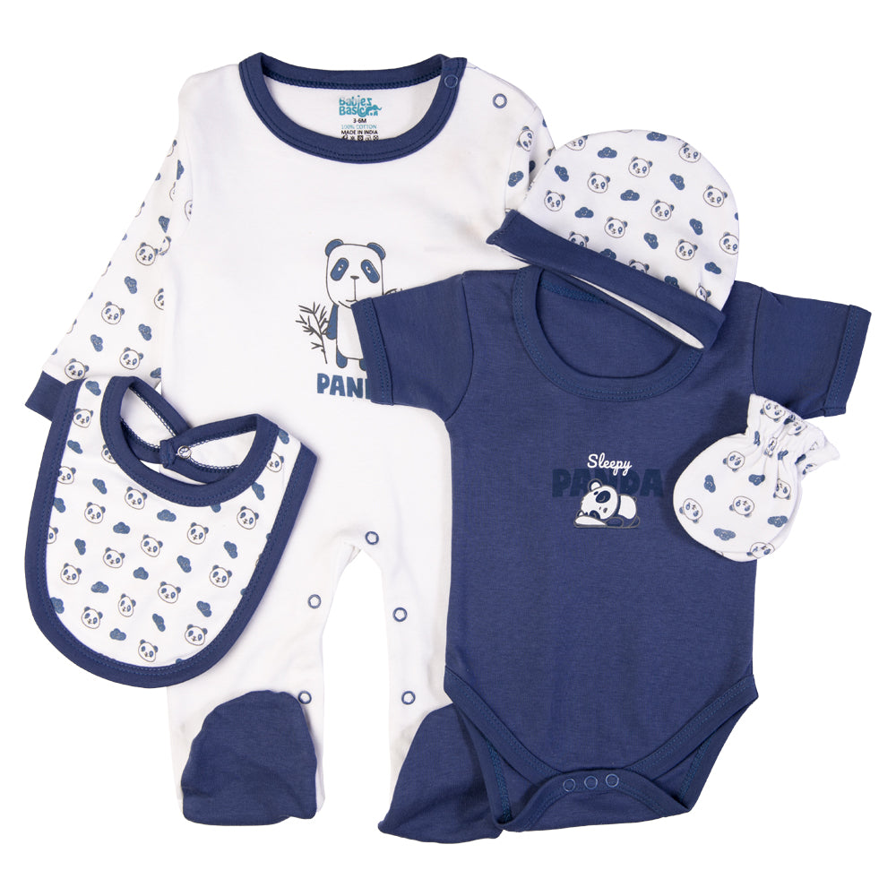 5pc Cotton Set - Bib, Romper, Mittens, Cap, Sleepsuit - Sleepy Panda - Air Force Blue