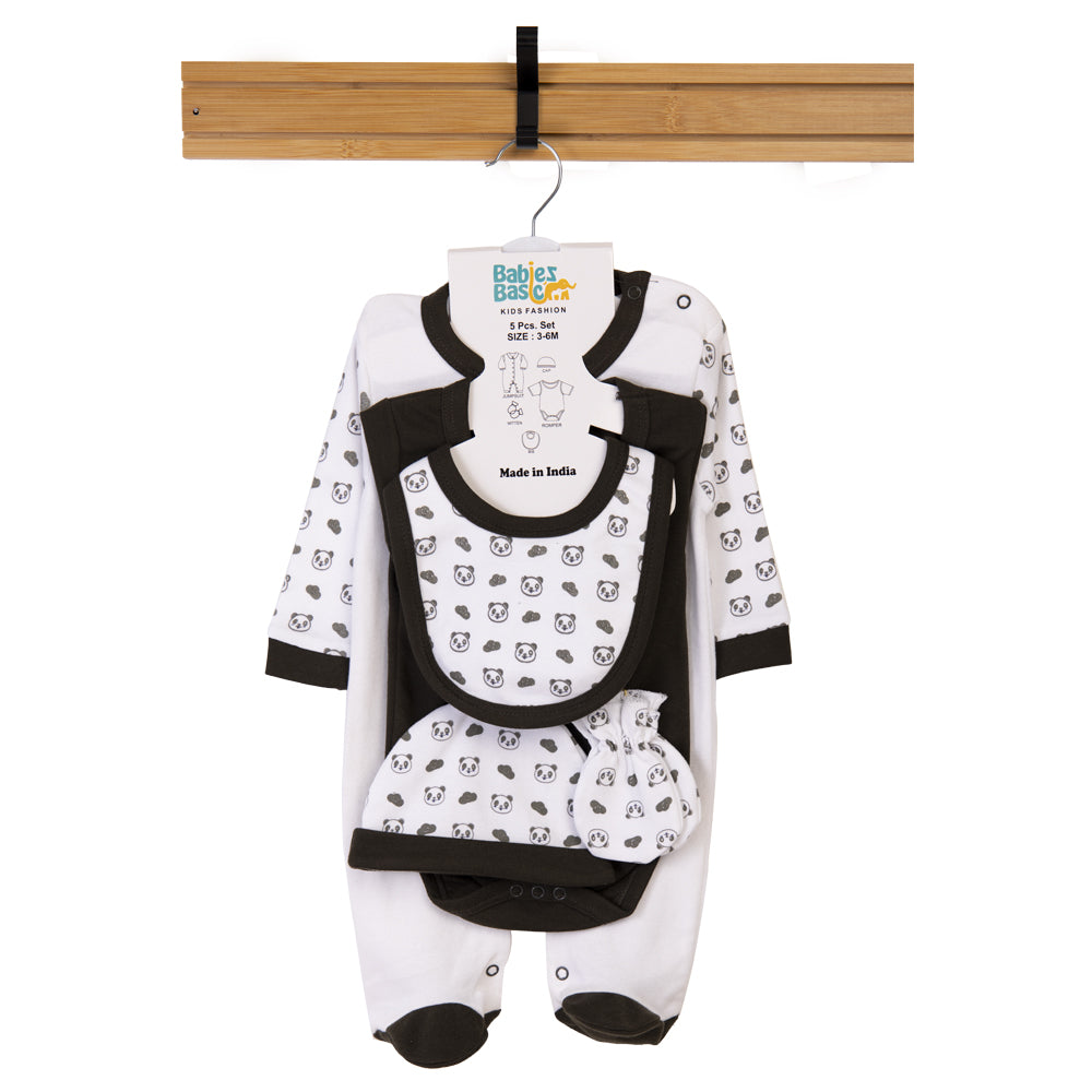 5pc Cotton Set - Bib, Romper, Mittens, Cap, Sleepsuit - Sleepy Panda