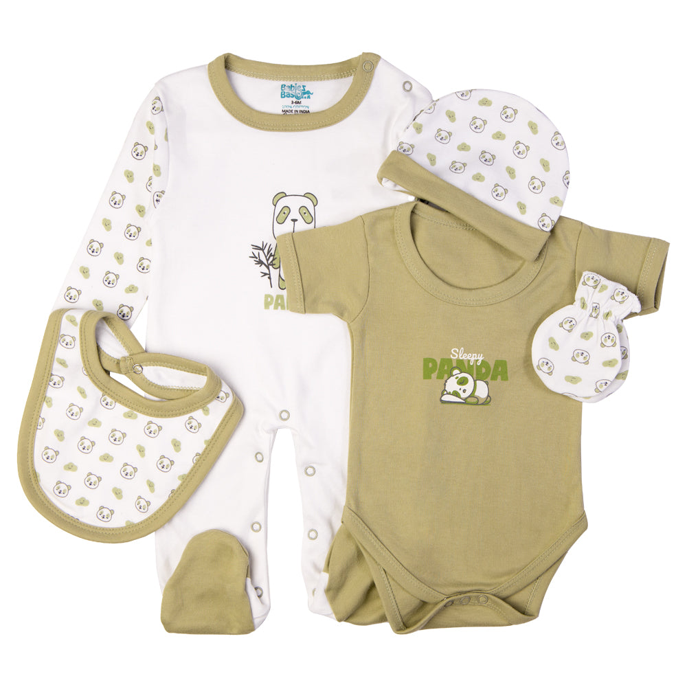 5pc Cotton Set - Bib, Romper, Mittens, Cap, Sleepsuit - Sleepy Panda - Light Green