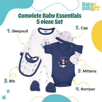 5pc Cotton Set - Bib, Romper, Mittens, Cap, Sleepsuit - Be Happy - Dark Sky Blue