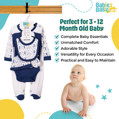 5pc Cotton Set - Bib, Romper, Mittens, Cap, Sleepsuit - Be Happy - Dark Sky Blue