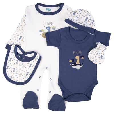 5pc Cotton Set - Bib, Romper, Mittens, Cap, Sleepsuit - Be Happy - Dark Sky Blue