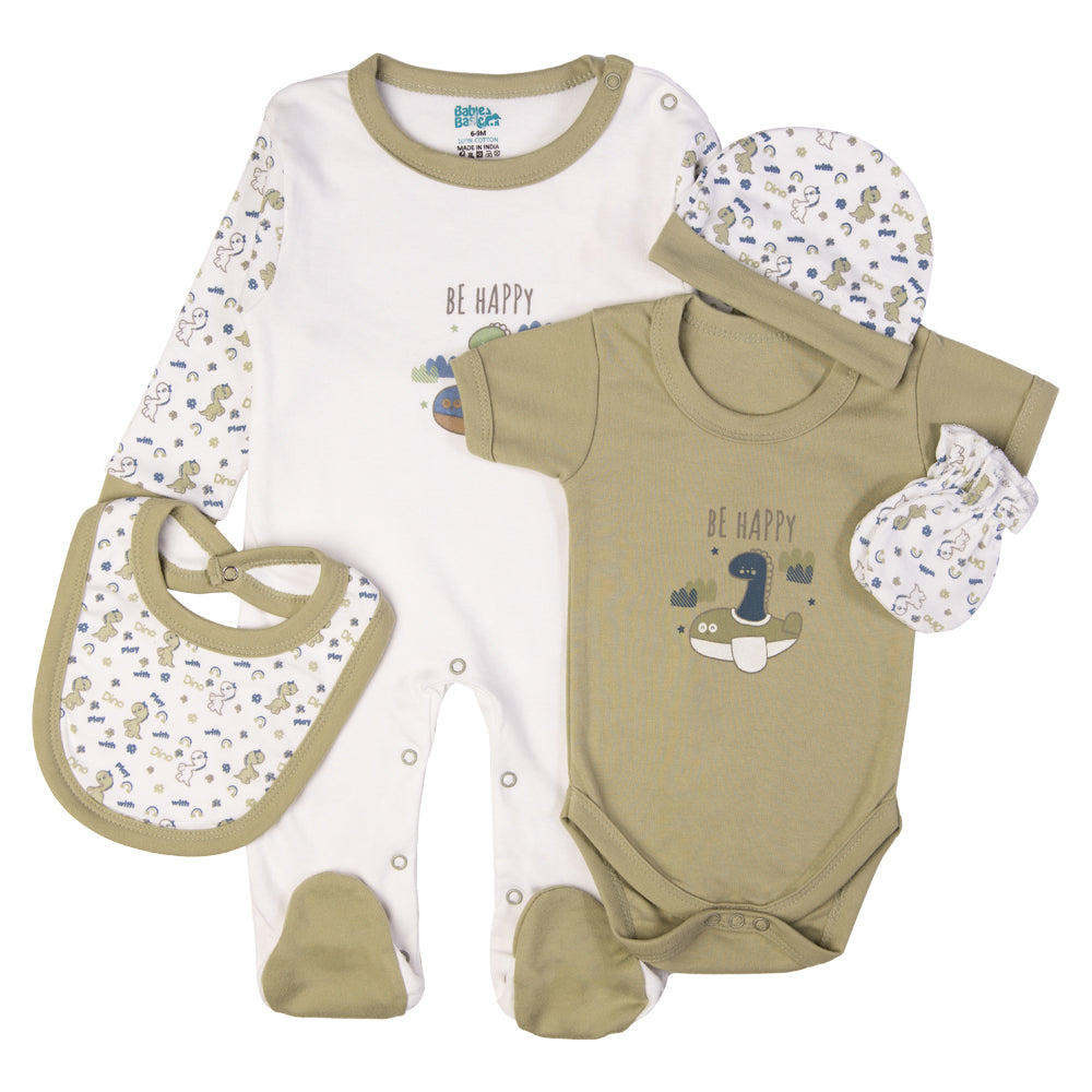 5pc Cotton Set - Bib, Romper, Mittens, Cap, Sleepsuit - Be Happy - Light Green