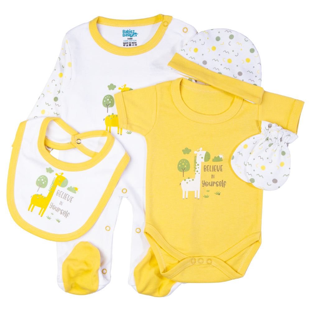 5pc Cotton Set - Bib, Romper, Mittens, Cap, Sleepsuit - Believe in Yourself - Yellow