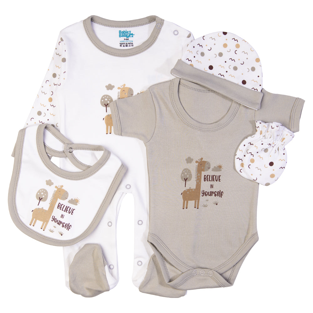 5pc Cotton Set - Bib, Romper, Mittens, Cap, Sleepsuit - Believe in Yourself - Grey