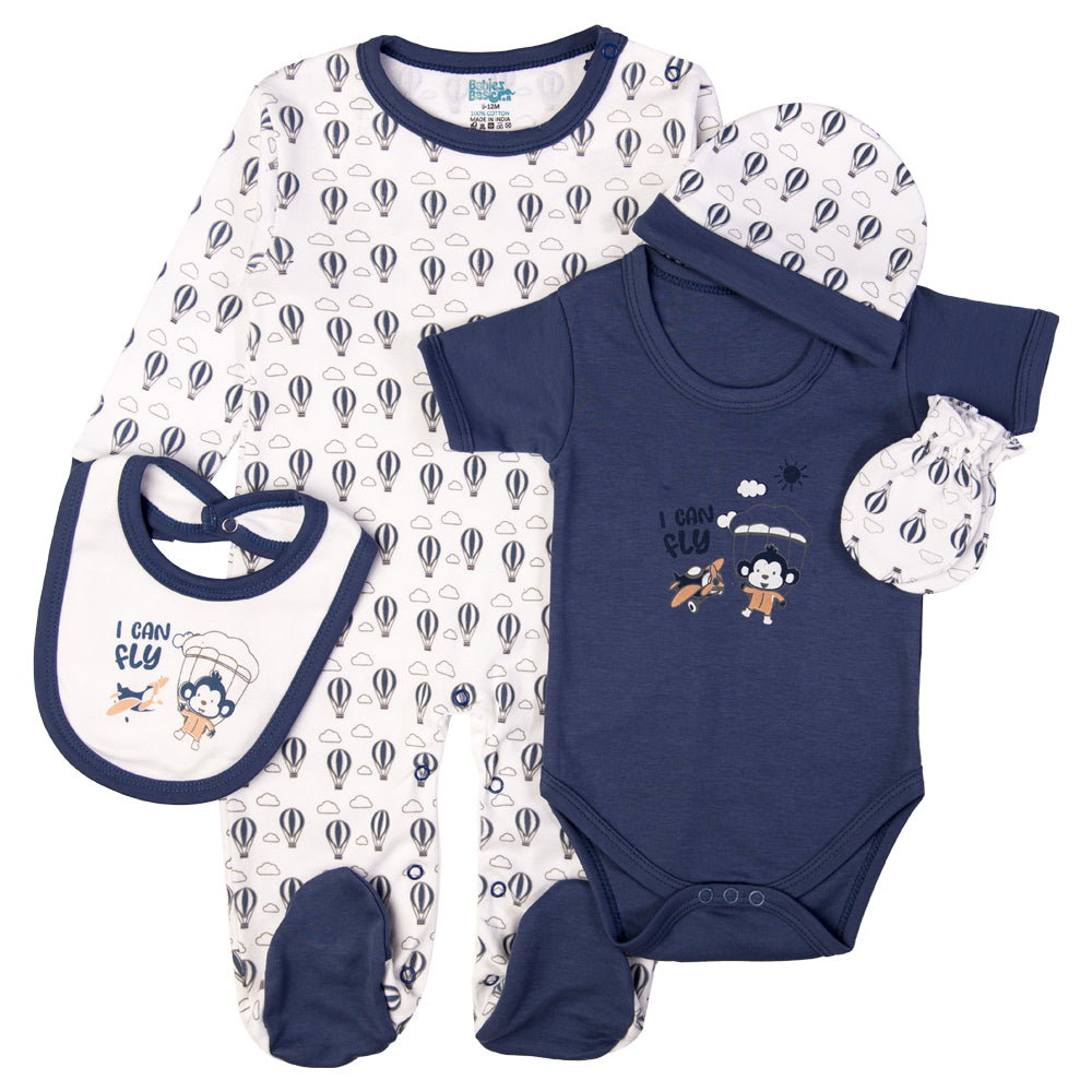 5pc Cotton Set - Bib, Romper, Mittens, Cap, Sleepsuit - I can Fly - Air Force Blue