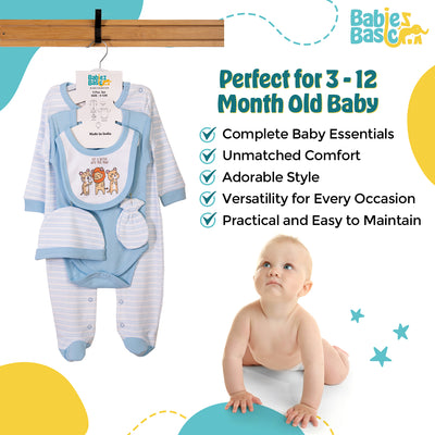 5pc Cotton Set - Bib, Romper, Mittens, Cap, Sleepsuit -  I can Fly - Sky Blue