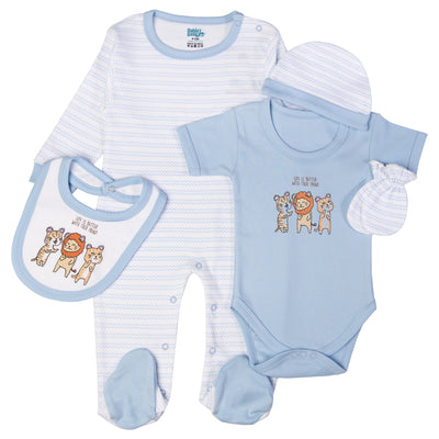 5pc Cotton Set - Bib, Romper, Mittens, Cap, Sleepsuit -  I can Fly - Sky Blue