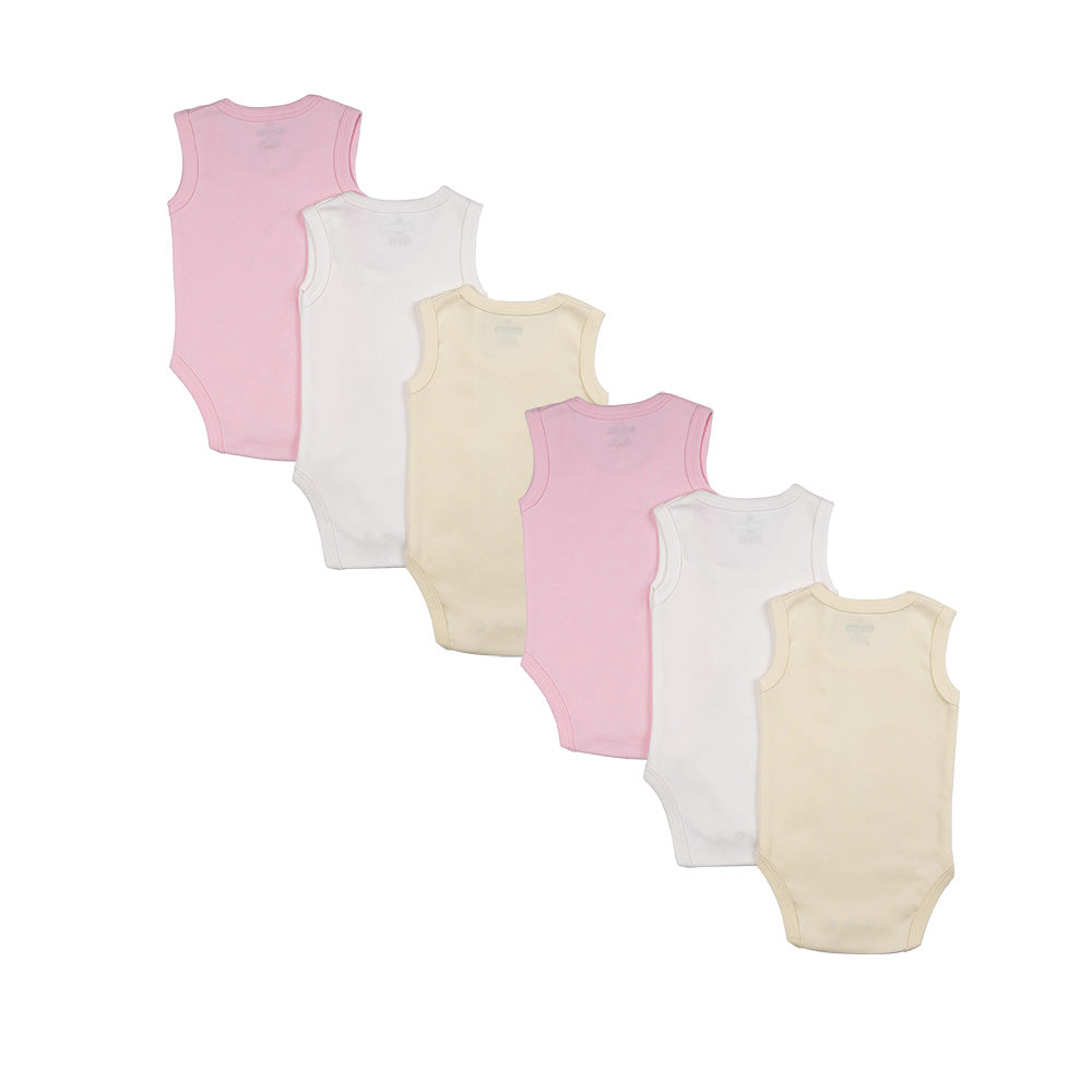 Babies Basic - 6pc-Set - 100% Cotton Sleeveless Bodysuit ‚ Pink, Lemon, White