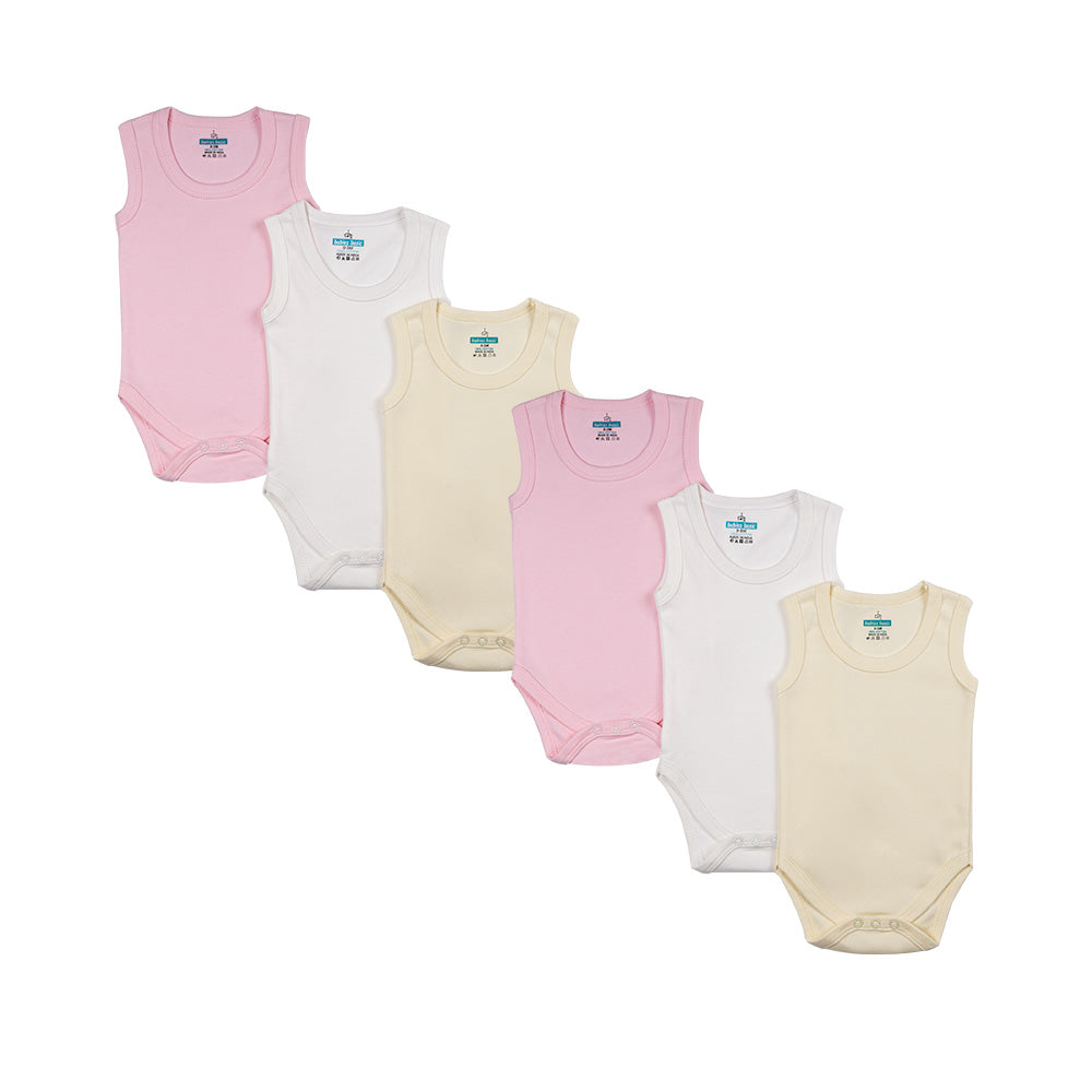 Babies Basic - 6pc-Set - 100% Cotton Sleeveless Bodysuit ‚ Pink, Lemon, White