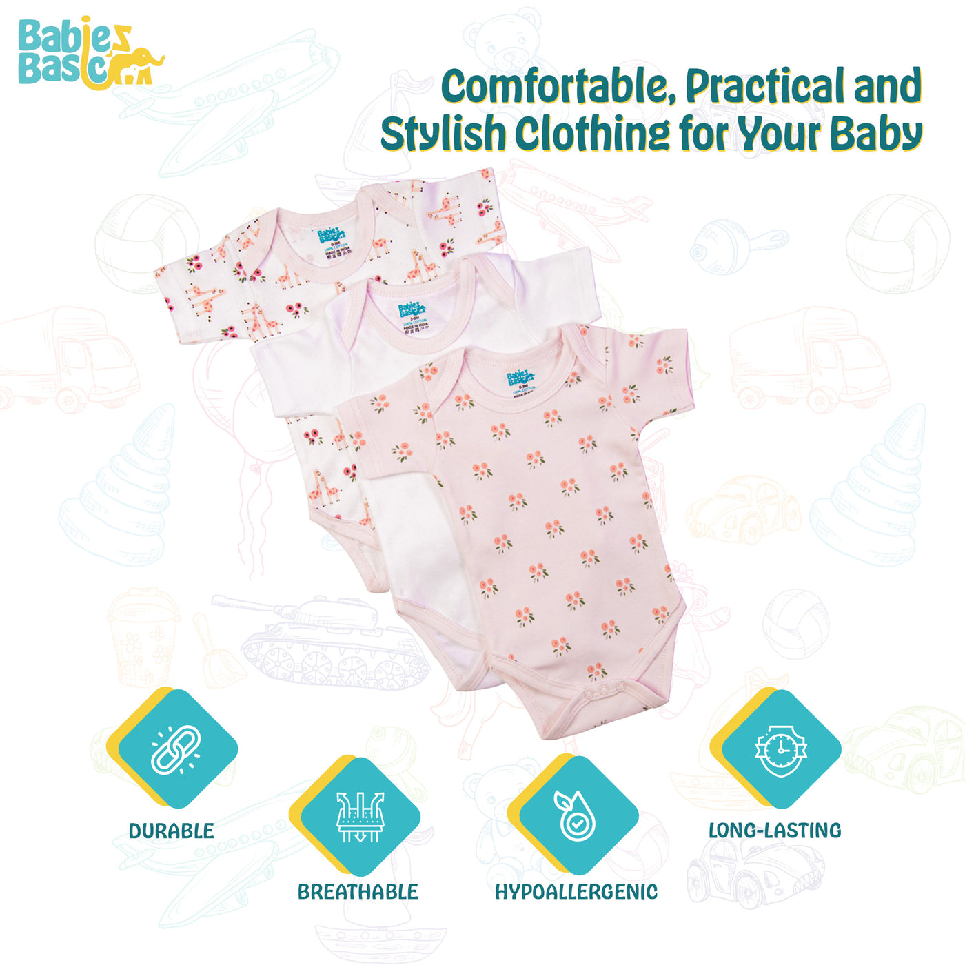 Babies Basic - 3pc-Set - Short Sleeves Printed Romper