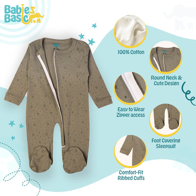 Babies Basic - Printed Cotton Long Sleeves Jumpsuit/Romper - Grey