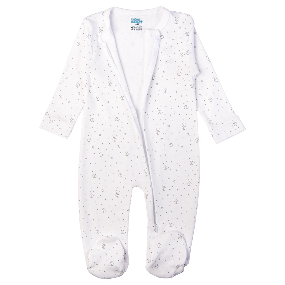 Babies Basic - Printed Cotton Long Sleeves Jumpsuit/Romper - White