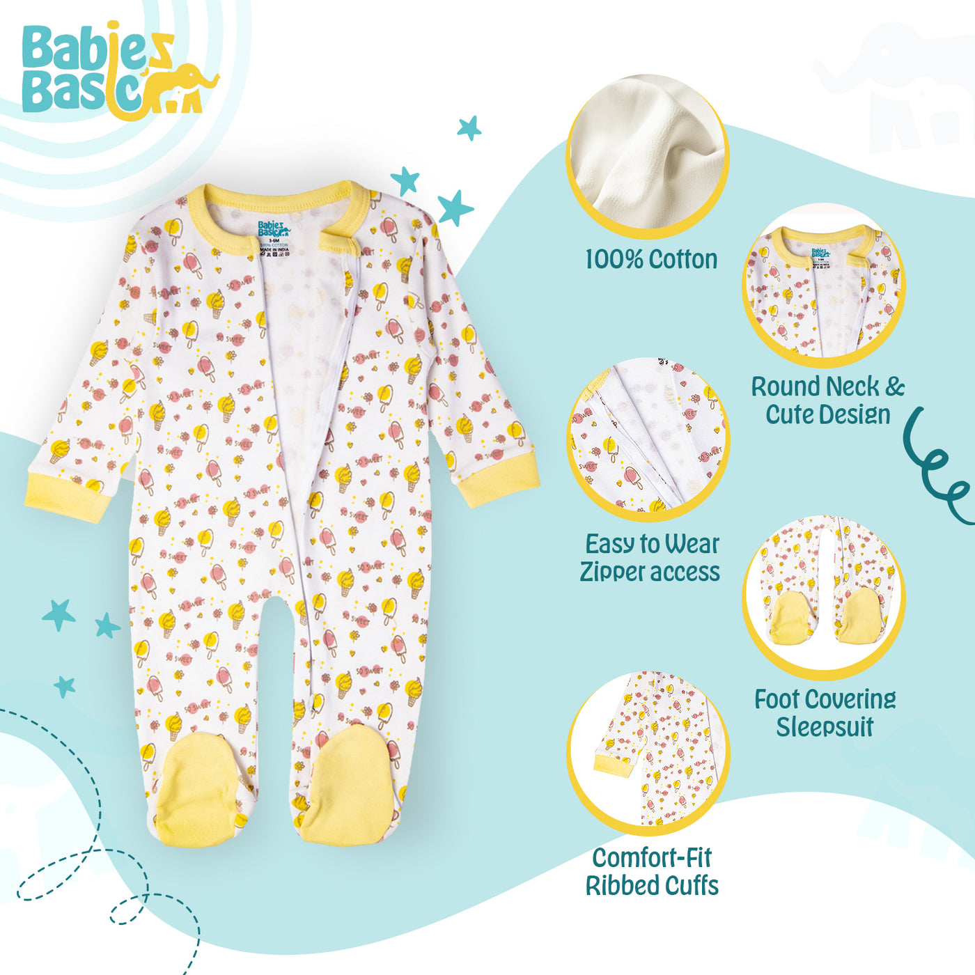 Babies Basic - Printed Cotton Long Sleeves Jumpsuit/Romper - White/Yellow