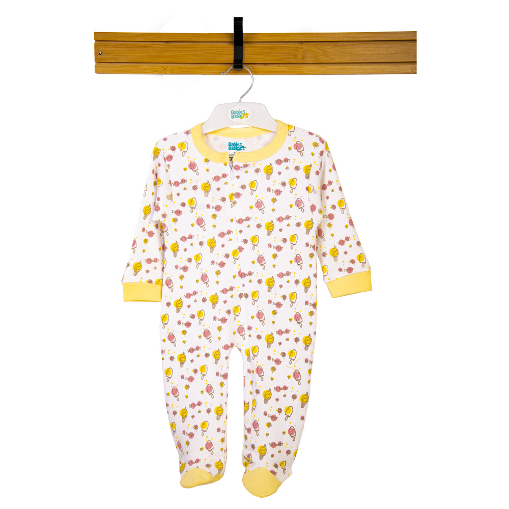 Babies Basic - Printed Cotton Long Sleeves Jumpsuit/Romper - White/Yellow