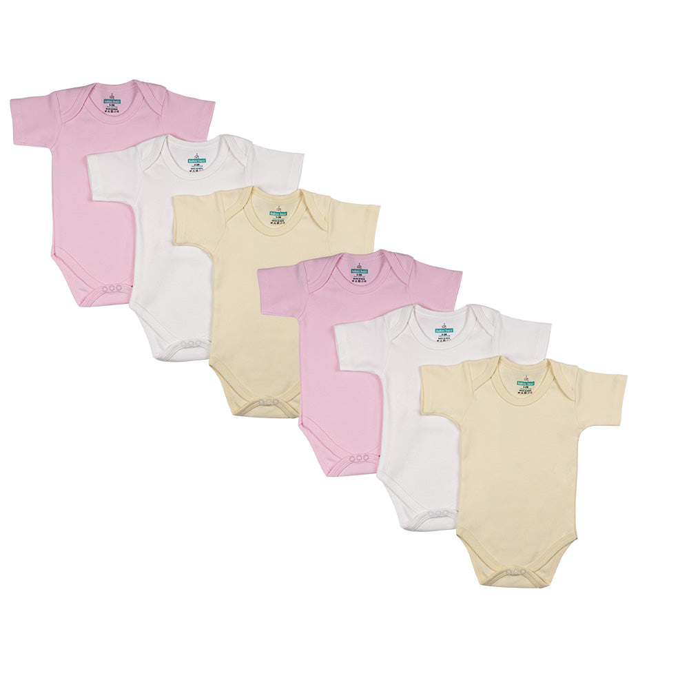 Babies Basic - 6pc-Set - 100% Cotton ShortSleeves Bodysuit ‚ Pink, Lemon, White