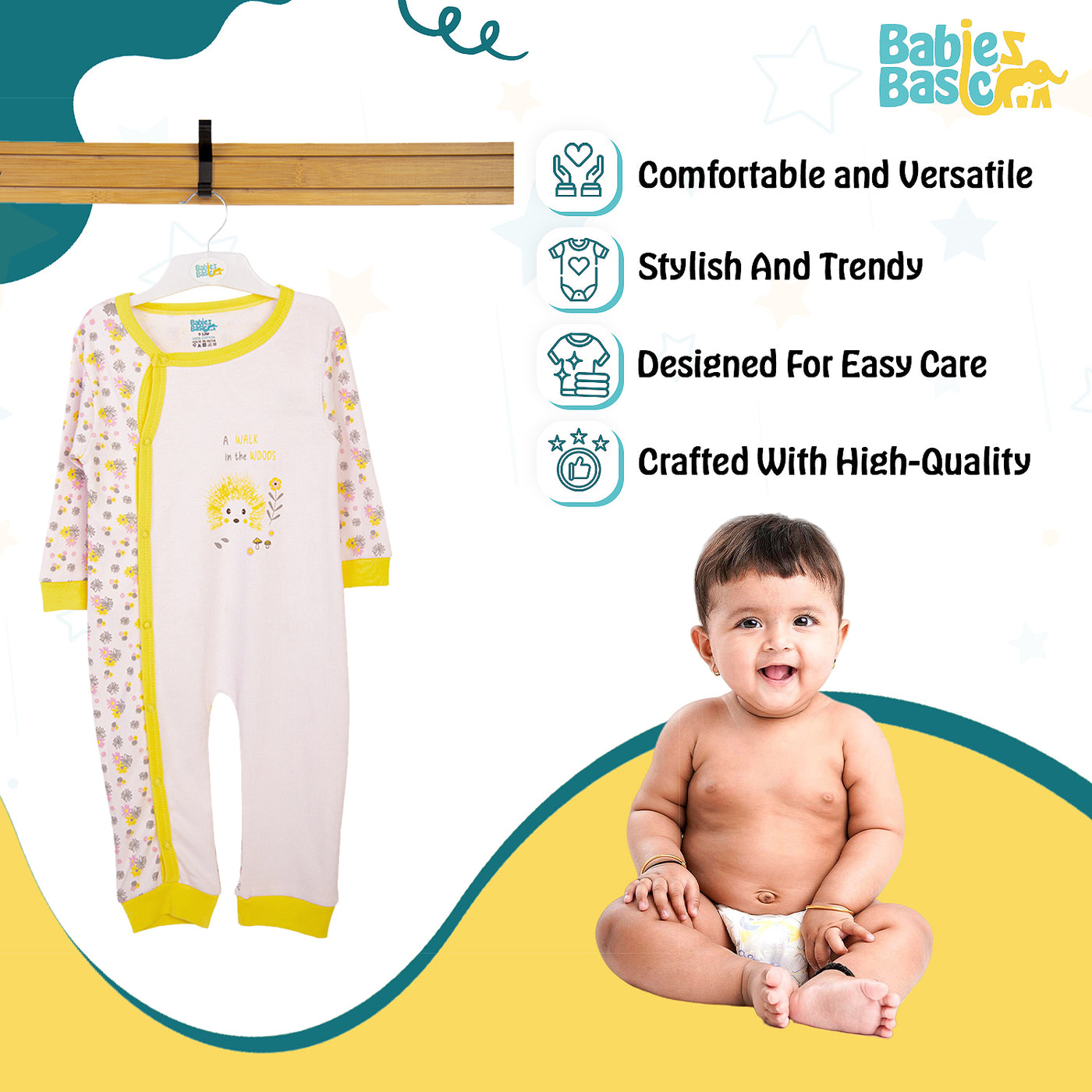 Babies Basic - Printed Cotton Long Sleeves Jumpsuit/Romper - Yellow/White