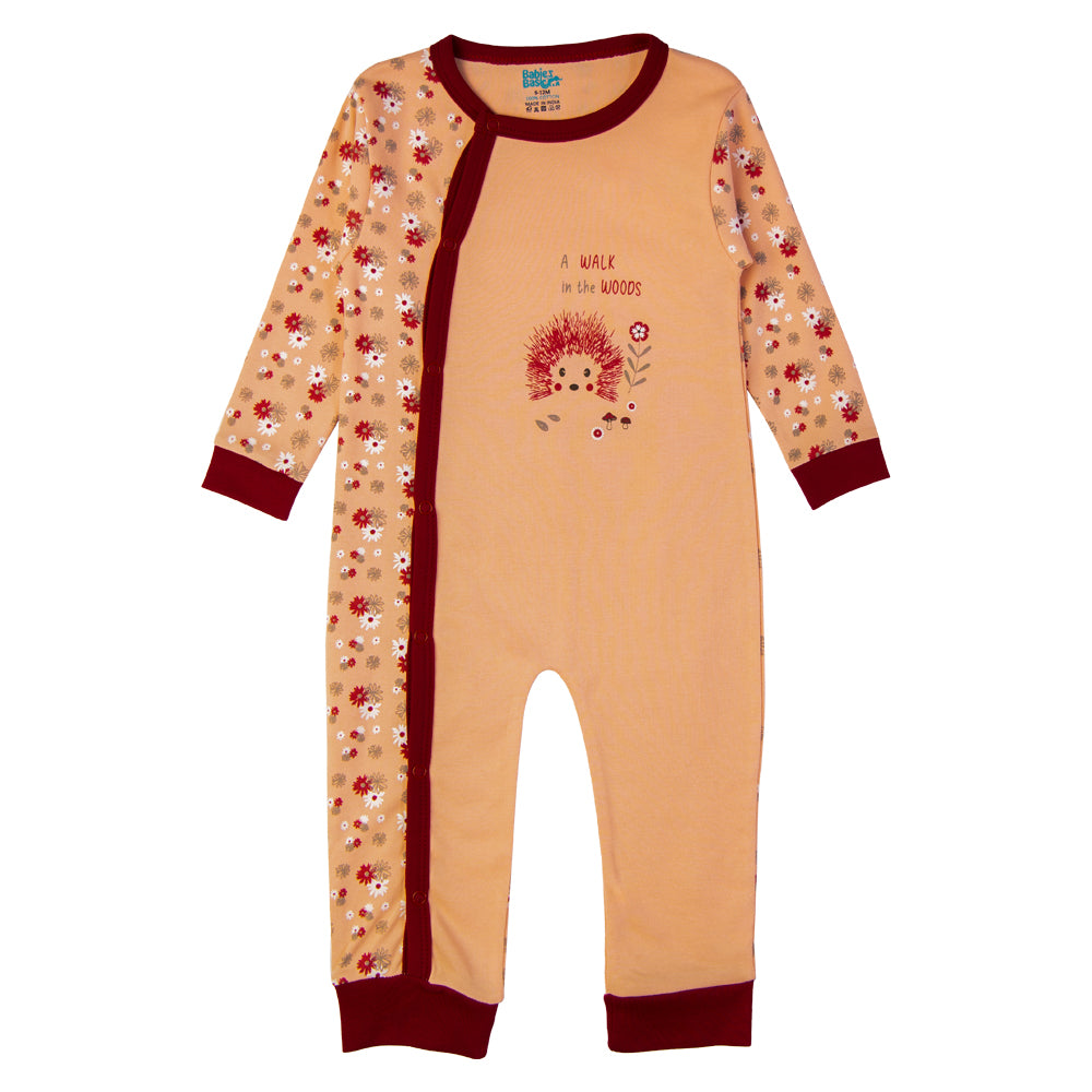 Babies Basic - Printed Cotton Long Sleeves Jumpsuit/Romper - Orange/Red