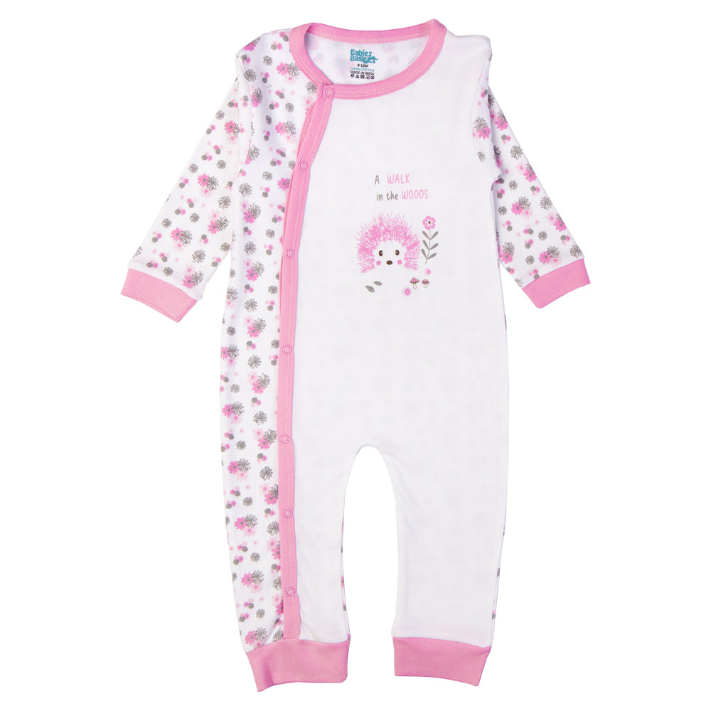 Babies Basic - Printed Cotton Long Sleeves Jumpsuit/Romper - Pink/White