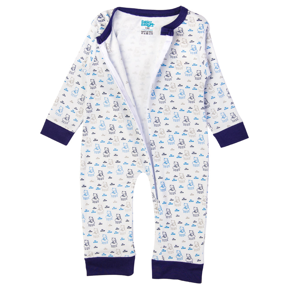 Babies Basic - Printed Cotton Long Sleeves Sleepsuit/Romper - Blue/White