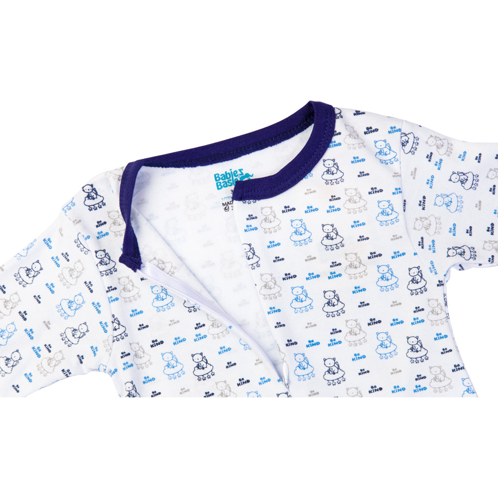 Babies Basic - Printed Cotton Long Sleeves Sleepsuit/Romper - Blue/White