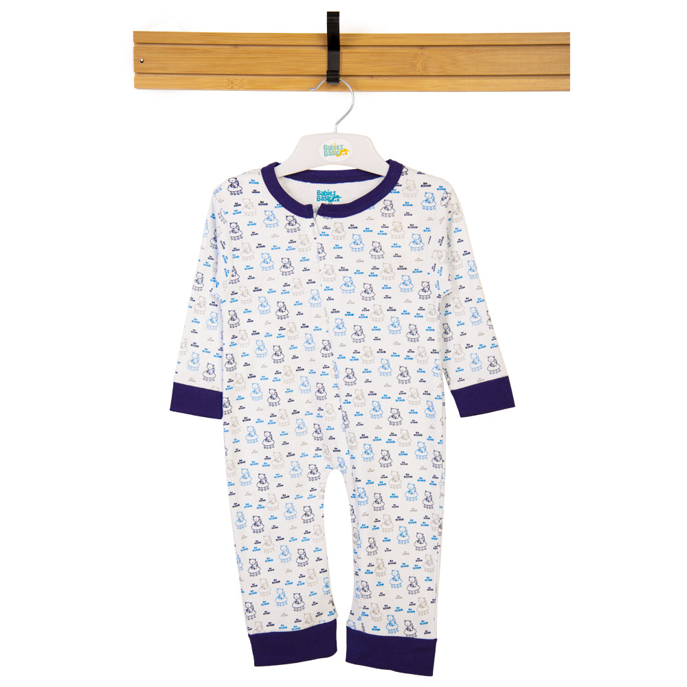 Babies Basic - Printed Cotton Long Sleeves Sleepsuit/Romper - Blue/White