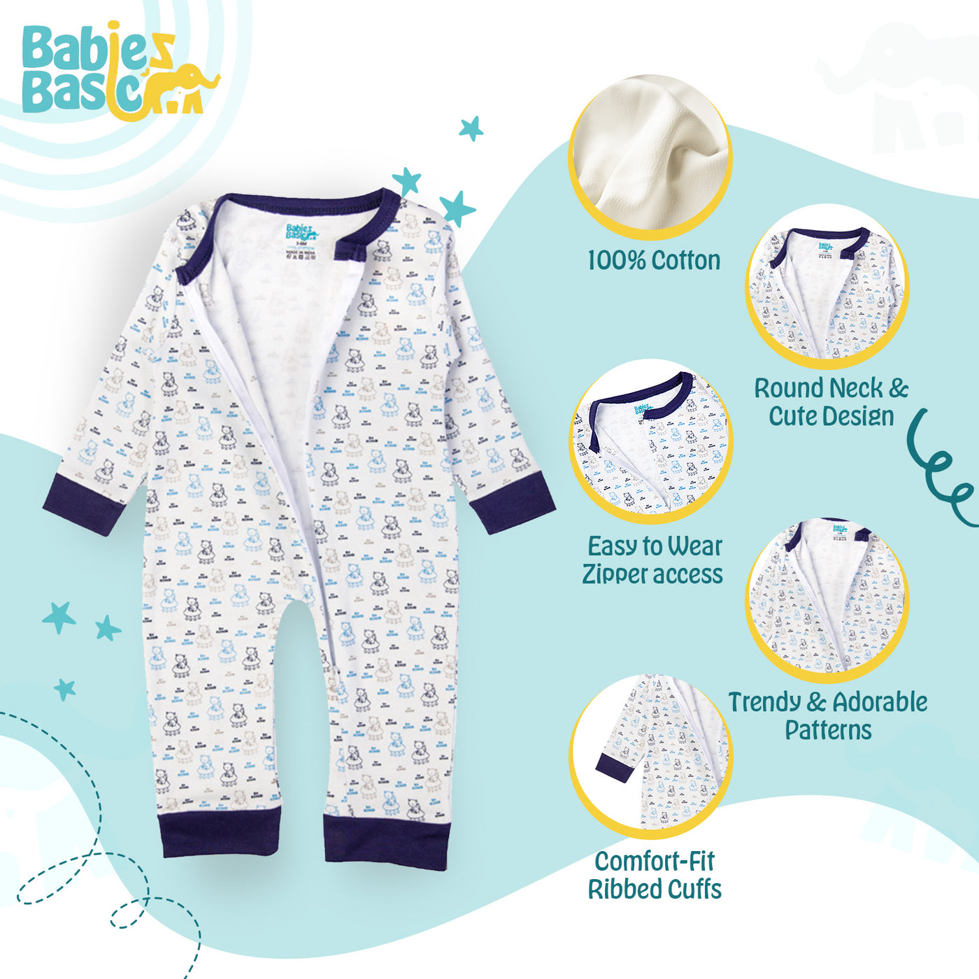 Babies Basic - Printed Cotton Long Sleeves Sleepsuit/Romper - Blue/White