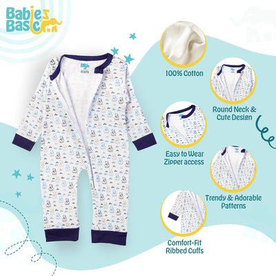 Babies Basic - Printed Cotton Long Sleeves Sleepsuit/Romper - Blue/White