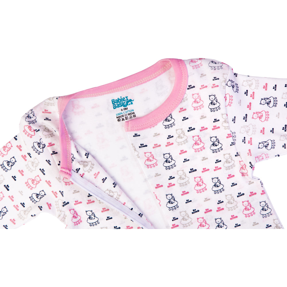 Babies Basic - Printed Cotton Long Sleeves Sleepsuit/Romper - Pink/White