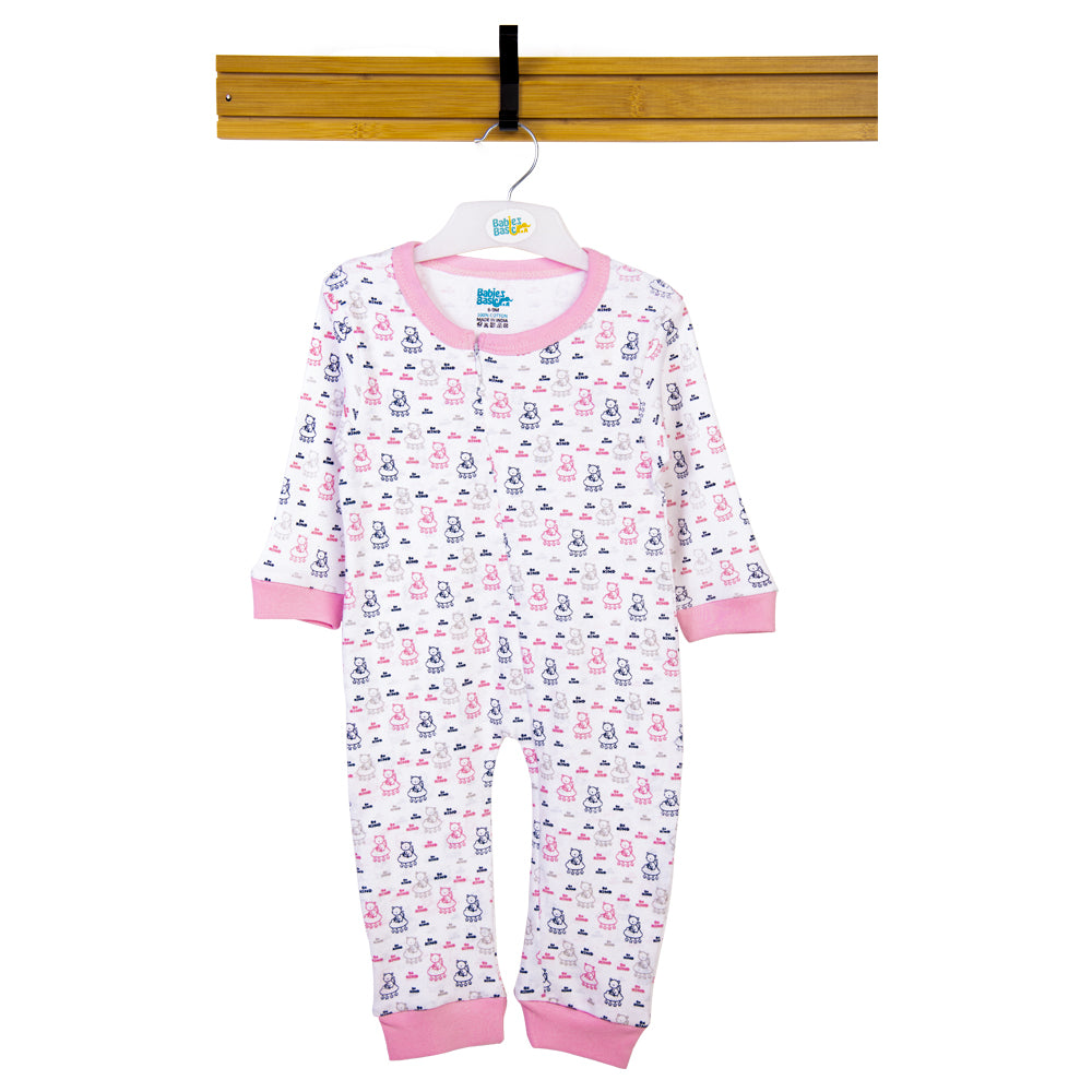 Babies Basic - Printed Cotton Long Sleeves Sleepsuit/Romper - Pink/White