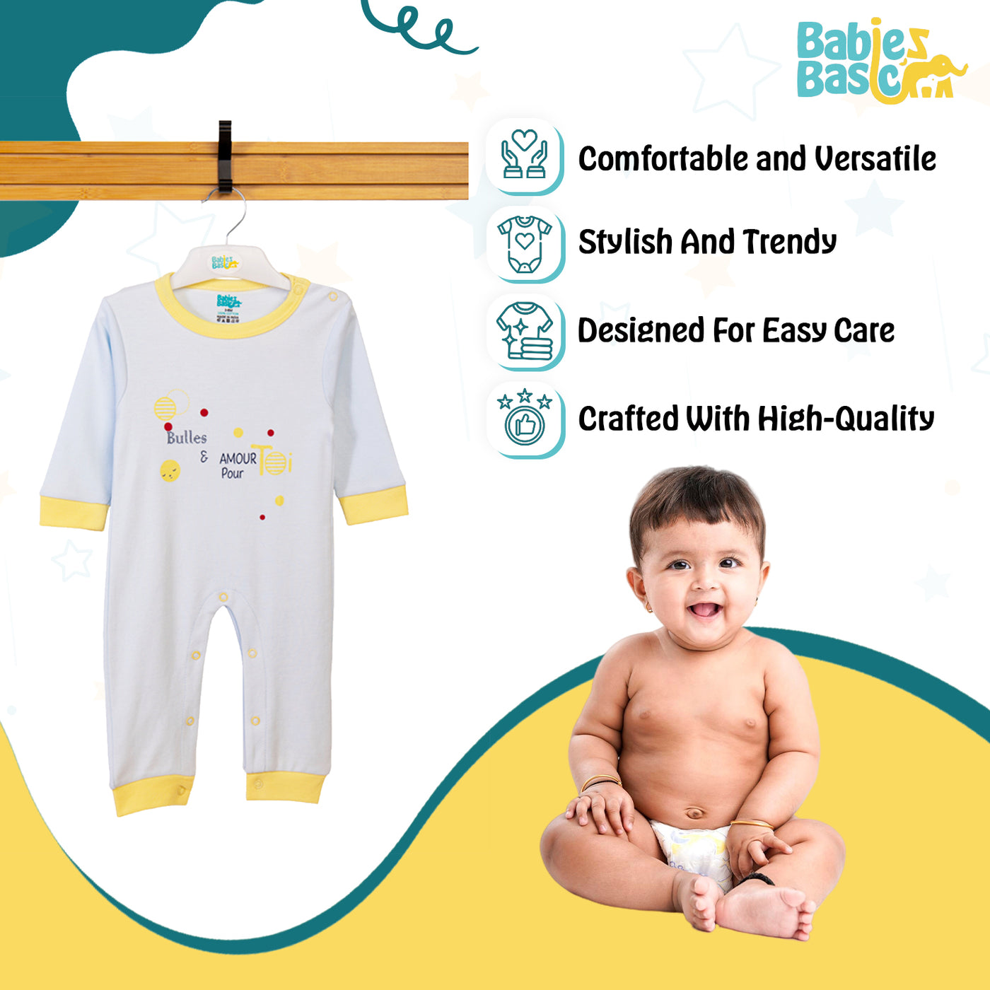 Babies Basic - Printed Cotton Long Sleeves Sleepsuit/Romper - Blue/Yellow