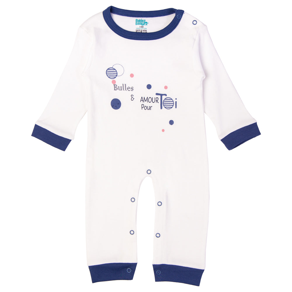 Babies Basic - Printed Cotton Long Sleeves Sleepsuit/Romper - Blue/White