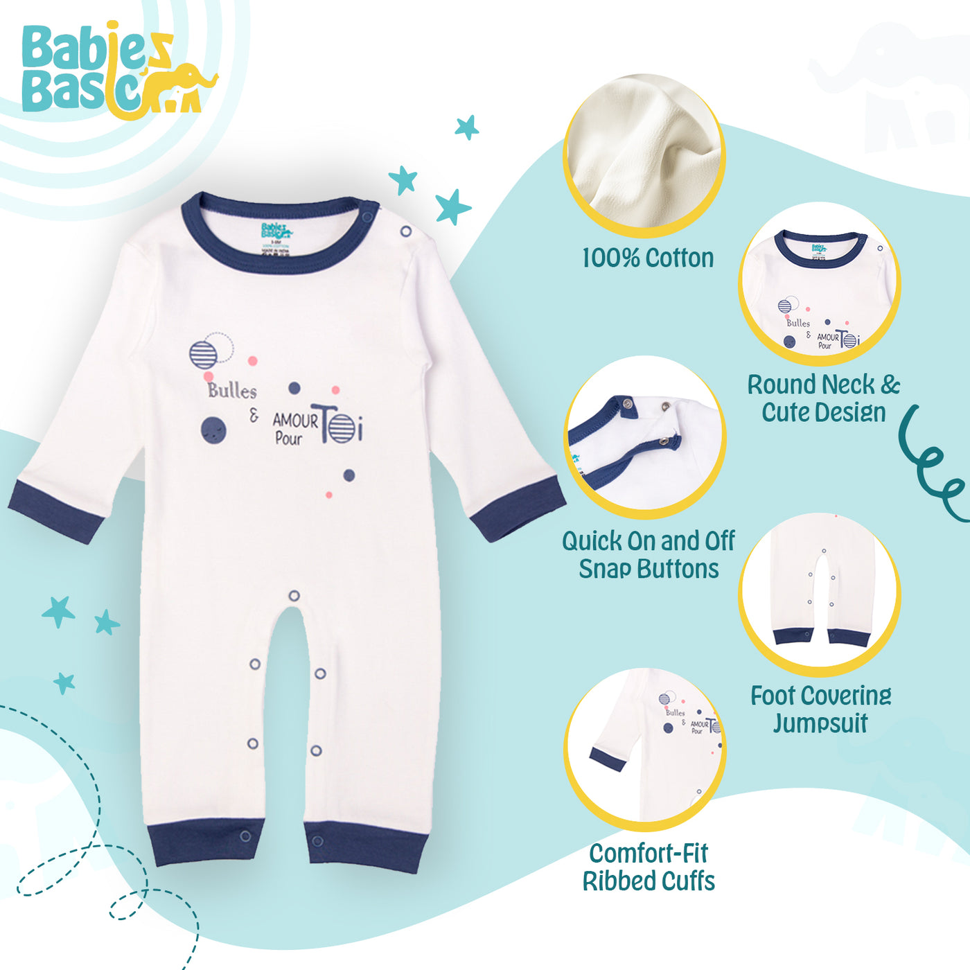 Babies Basic - Printed Cotton Long Sleeves Sleepsuit/Romper - Blue/White