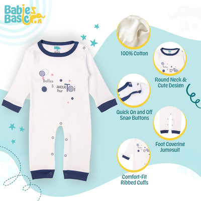 Babies Basic - Printed Cotton Long Sleeves Sleepsuit/Romper - Blue/White