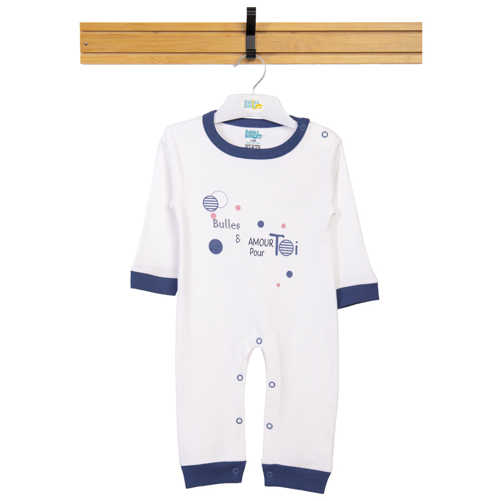 Babies Basic - Printed Cotton Long Sleeves Sleepsuit/Romper - Blue/White