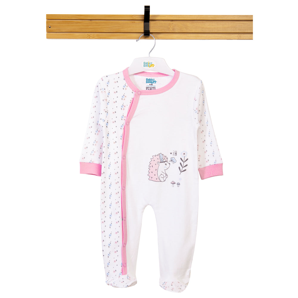 Babies Basic - Printed Cotton Long Sleeves Sleepsuit/Romper - Pink/White