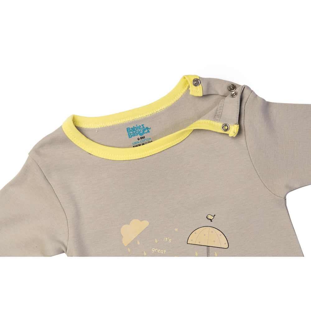 Babies Basic - Printed Cotton Long Sleeves Sleepsuit/Romper - Grey/Yellow