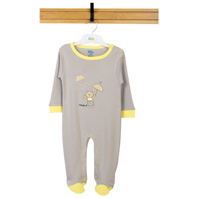 Babies Basic - Printed Cotton Long Sleeves Sleepsuit/Romper - Grey/Yellow