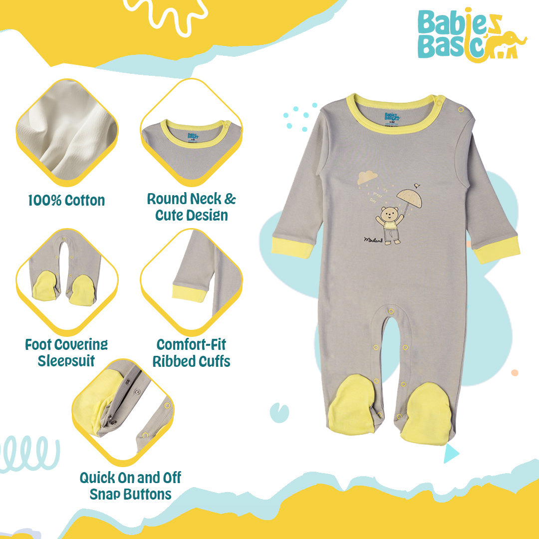 Babies Basic - Printed Cotton Long Sleeves Sleepsuit/Romper - Grey/Yellow