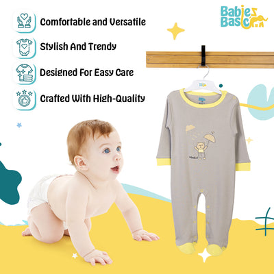 Babies Basic - Printed Cotton Long Sleeves Sleepsuit/Romper - Grey/Yellow