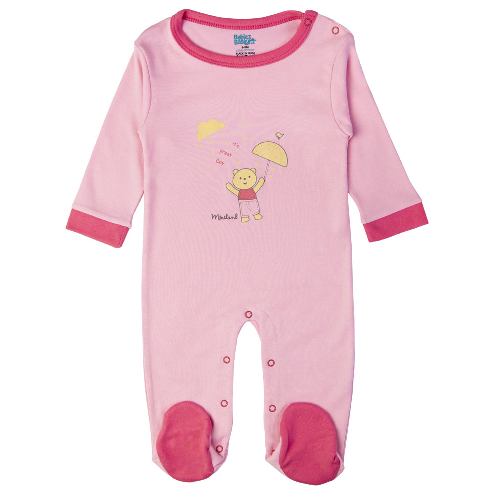 Babies Basic - Printed Cotton Long Sleeves Sleepsuit/Romper - Pink