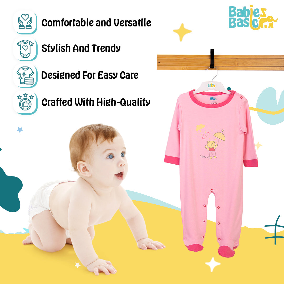 Babies Basic - Printed Cotton Long Sleeves Sleepsuit/Romper - Pink