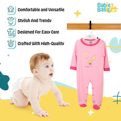 Babies Basic - Printed Cotton Long Sleeves Sleepsuit/Romper - Pink