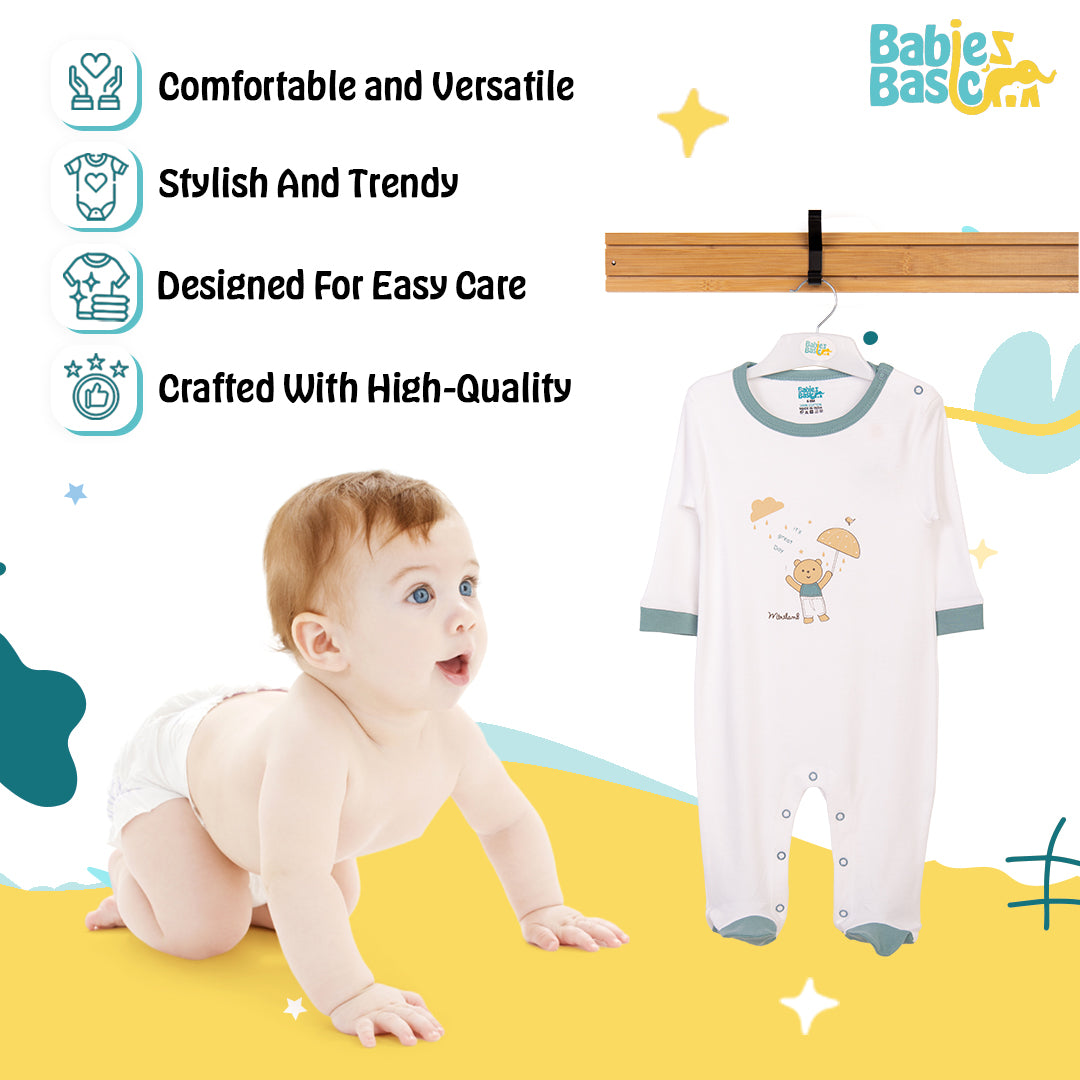 Babies Basic - Printed Cotton Long Sleeves Sleepsuit/Romper - White/Green